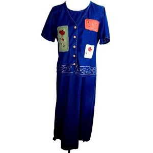 Vtg Women Blue Jean Denim Dress w Faux Coat Short Sleeves Buttons Erica &Co Maxi